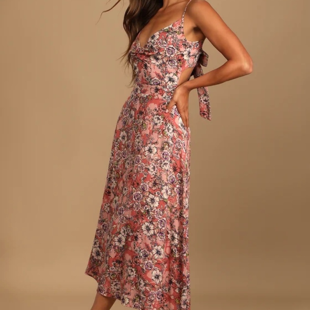 Lulu’s Pink Floral Print Tie-Back Midi Dress
